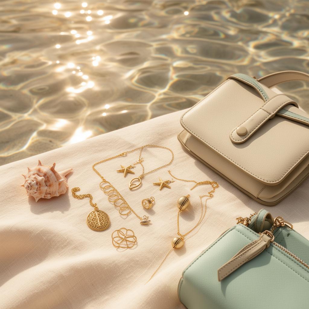Vacation jewelry and accessories styled on ivory linen by the water